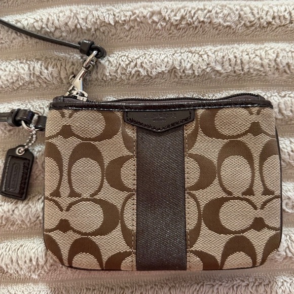 Coach Handbags - Coach Signature Monogram Canvas Wristlet Brown Leather Trim Wristlet